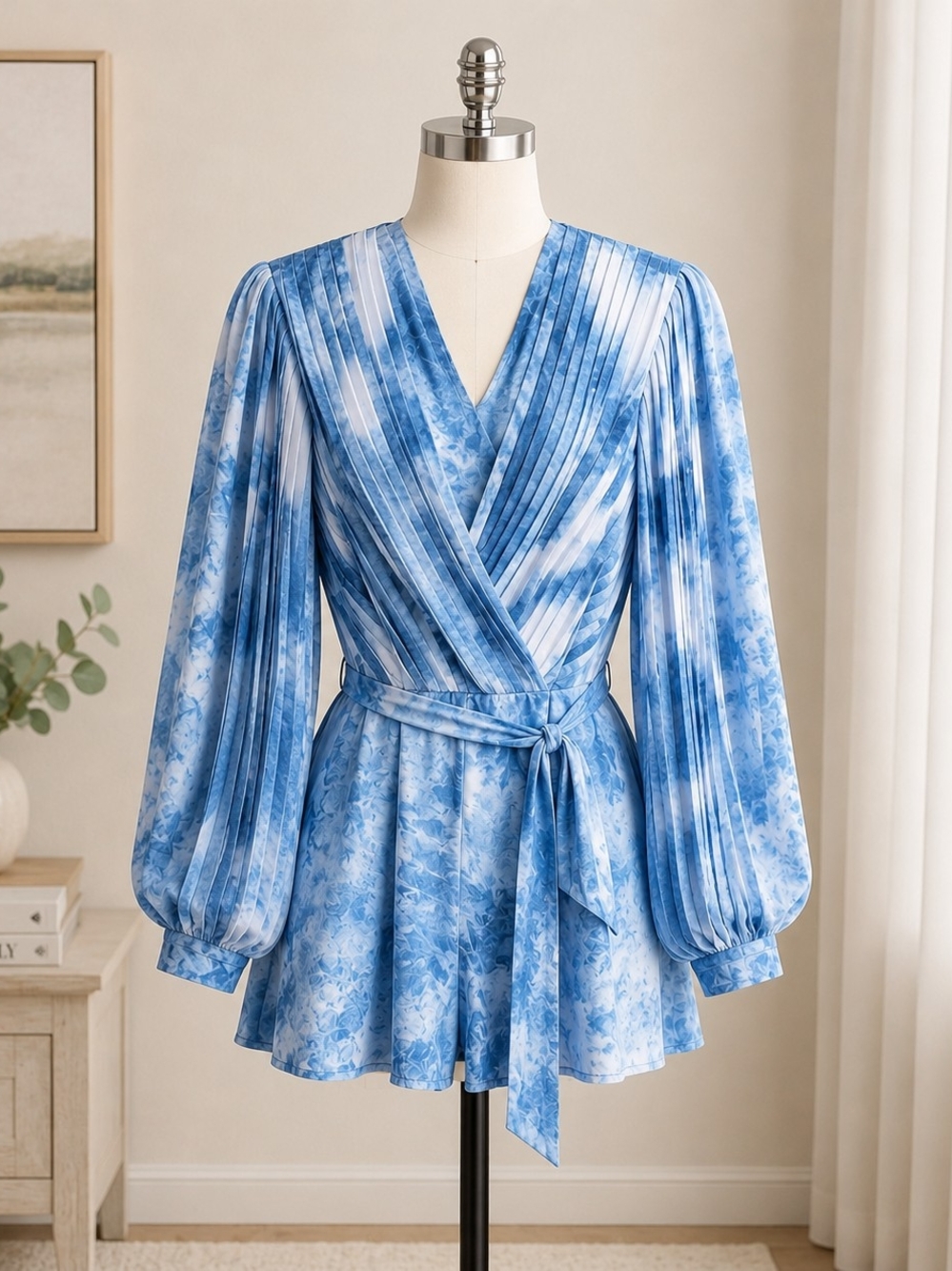 Ryn Burches Tie Dye Romper Medium Pleated Balloon Sleeve Belted Blue Boho
